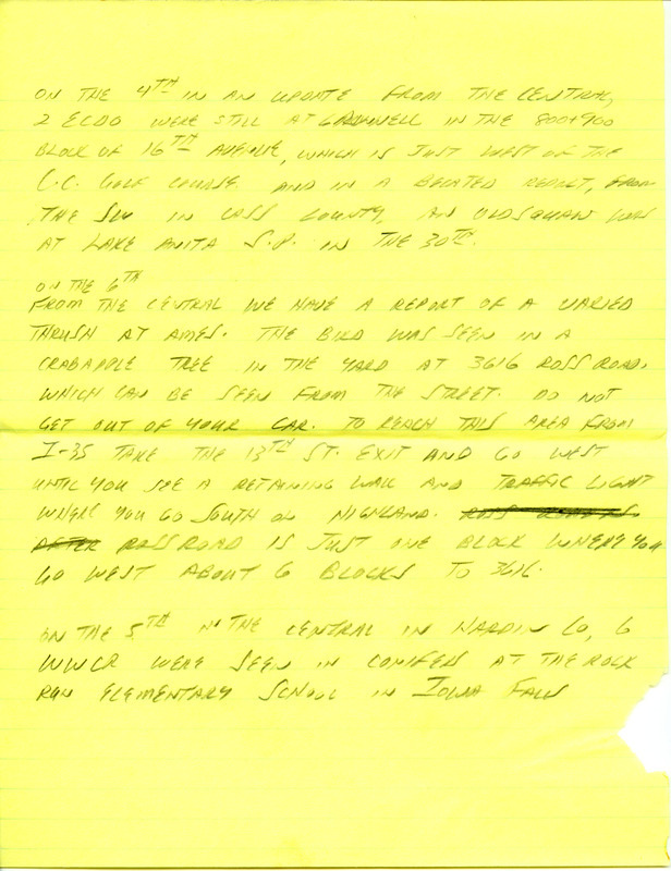 Iowa RBA update for December 1, 1997. Highlights of the update include sightings of a Townsend's Solitaire, White-winged Crossbills, a male Long-tailed Duck, numerous Common Redpolls, and one Hoary Redpoll. Other observations of note include a first year Glaucous Gull, a Pacific Loon, a Western Grebe, and a female Pine Grosbeak. Also included are handwritten notes for the next week's update with a sighting of a Varied Thrush.