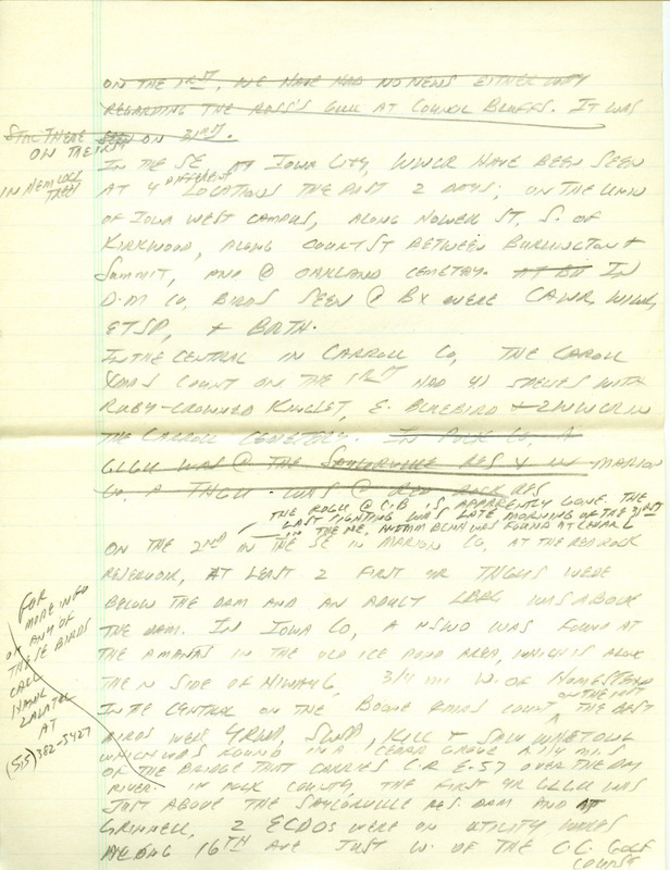 Email of the Iowa RBA update for December 29, 1997. Highlights of the update include sightings of a Ross's Gull, a Prairie Falcon, Common Redpolls, White-winged Crossbills, and several additional species of Gulls. Also included are handwritten notes for the next week's update with sightings of a Ruby-crowned Kinglet, Snowy Owls, and Northern Saw-whet Owls.