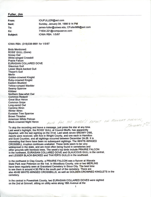 Email for the Iowa RBA for January 5, 1998. Highlights include Prairie Falcon, Eurasian Collared Dove, Glaucous Gull, Lesser Black-backed Gull and Thayer's Gull.