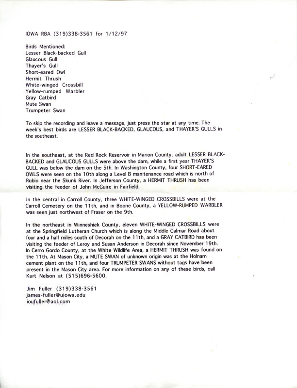 Notes for the Iowa RBA for January 12, 1998. Highlights include Lesser Black-backed Gull, Glaucous Gull, and Thayer's Gull.