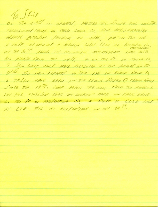 Email for the Iowa RBA for January 26, 1998. Highlights include Snowy Owl, Varied Thrush, Glaucous Gull, Thayer's Gull, Lesser Black-backed Gull and Eurasian Collared Dove. Includes hand written notes in preparation for next week's update.