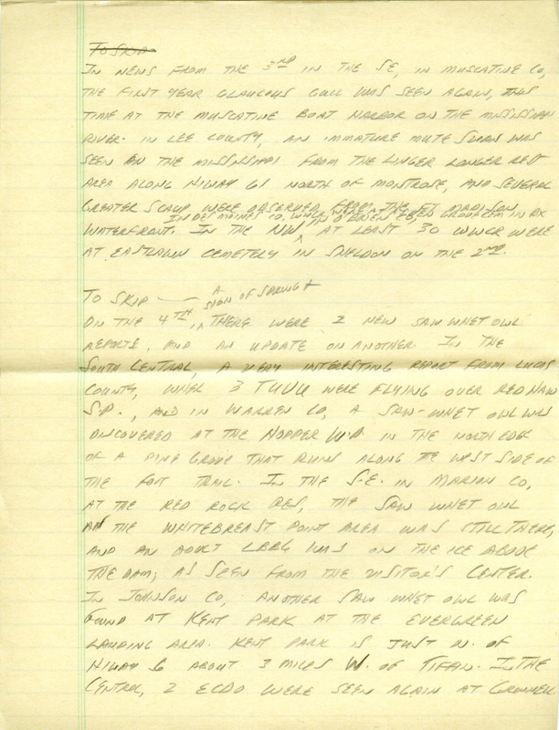 Email for the Iowa RBA for February 2, 1998. Highlights include Prairie Falcon, Glaucous Gull, and Eurasian Collared Dove. Includes hand written notes in preparation for next week's update.