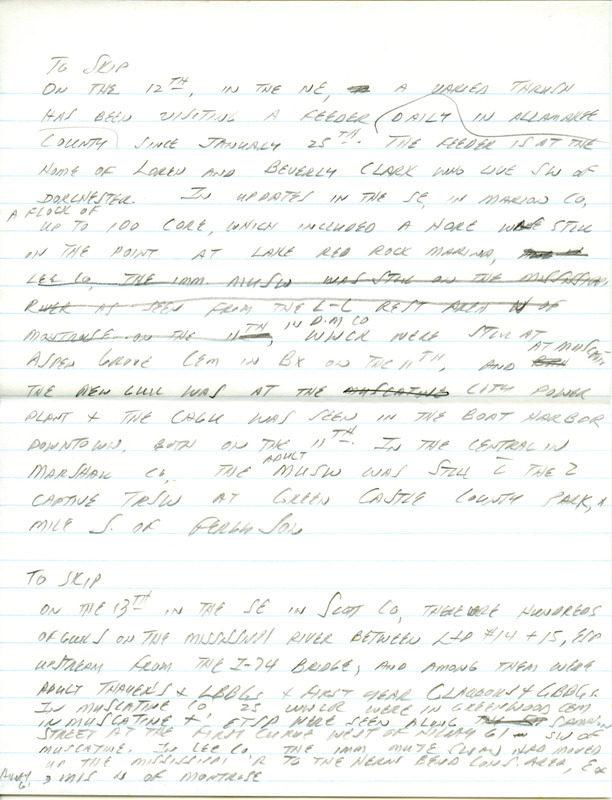 Email for the Iowa RBA for February 9, 1998. Highlights include Common Raven, Snowy Owl, Common and Hoary Redpolls, California, Glaucous and Lesser Black-backed Gulls, and Eurasian Collared Dove. Includes hand written notes in preparation for next week's update.