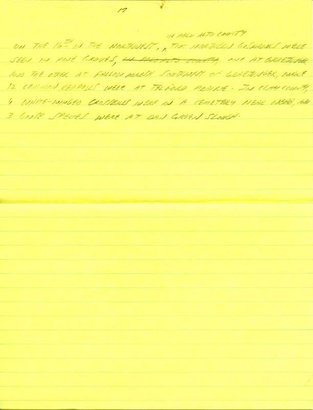 Email for the Iowa RBA for February 16, 1998. Highlights include waterfowl, Gulls, Redpolls, Prairie Falcon and Varied Thrush. Includes hand written notes in preparation for next week's update.