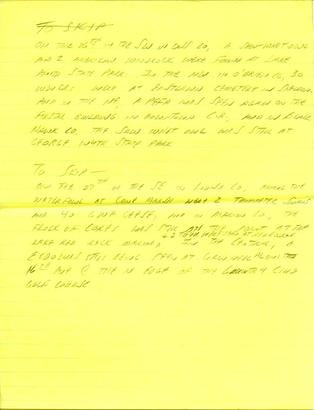 Email for the Iowa RBA for February 23, 1998. Highlights include Sprague's Pipit, Merlins and Ross' Goose. Includes hand written notes in preparation for next week's update.