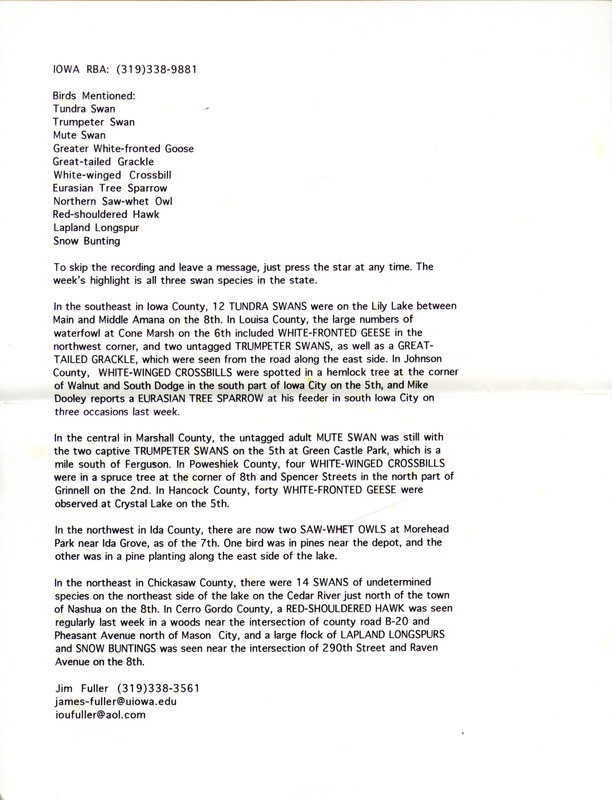 Notes for the Iowa RBA for March 9, 1998. Highlights include Tundra Swan, Trumpeter Swan and Greater White-fronted Goose. Includes hand written notes in preparation for next week's update.