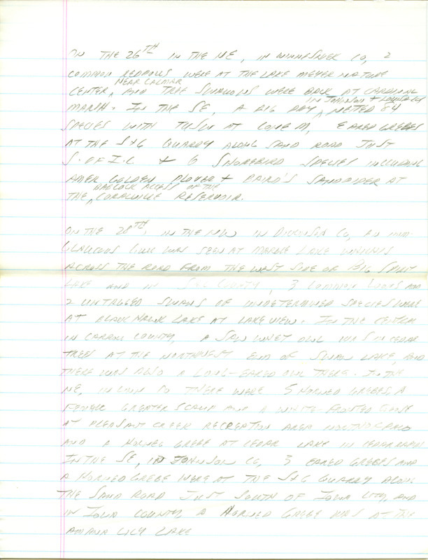 Notes for the Iowa RBA for March 23, 1998. Highlights include Tundra Swans and a Fish Crow. Includes hand written notes in preparation for next week's update.