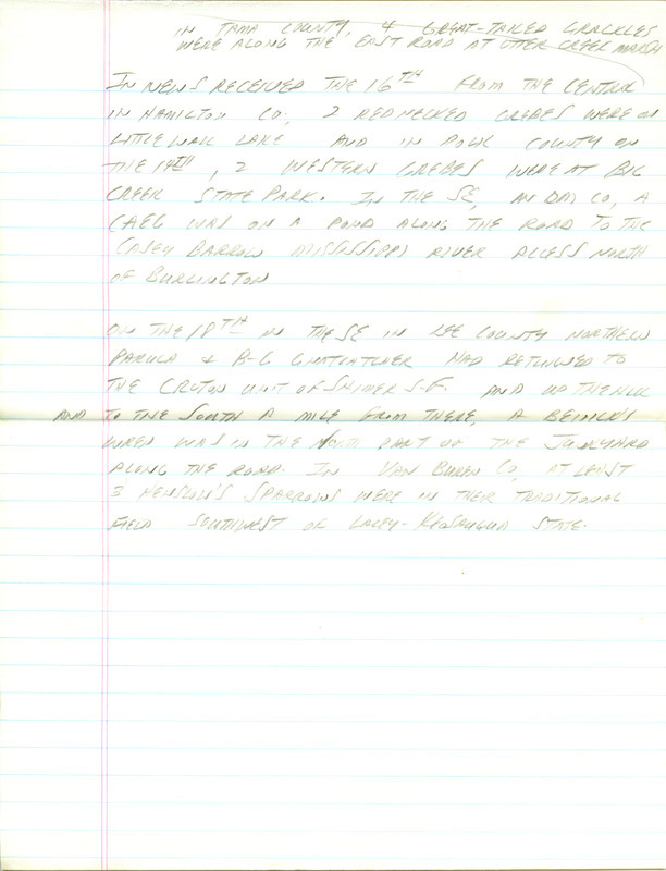 Email for the Iowa RBA for April 13, 1998. Highlights include Black-bellied Whistling Duck and Red-necked Grebe. Includes hand written notes in preparation for next week's update.