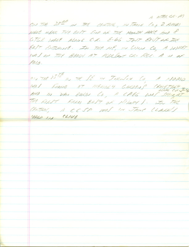 Email for the Iowa RBA for April 20, 1998. Highlights include Whooping Crane, Eurasian Collared Dove, Cinnamon Teal and Red-necked Grebe. Includes hand written notes in preparation for next week's update.