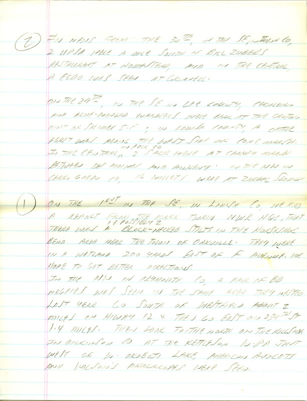 Notes for the Iowa RBA for April 27, 1998. Highlights include Sprague's Pipit, Black-headed Gull, Yellow-crowned Night Heron and Black-legged Kittiwake. Includes hand written notes in preparation for next week's update.