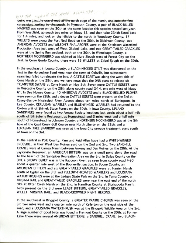 Notes for the Iowa RBA for May 4, 1998. Highlights include Black-billed Magpie, Black-necked Stilt and a Greater Prairie Chicken.