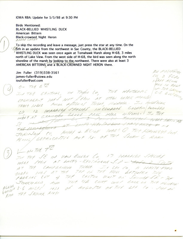 Email for the Iowa RBA for May 11, 1998. Highlights include Black-bellied Whistling Duck, Black-billed Magpie, Neotropic Cormorant and Eurasian Collared Dove. Includes notes for updates for May 4 and May 5 and hand written notes in preparation for next week's update.