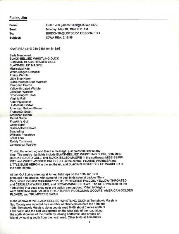 Email for the Iowa RBA for May 18, 1998. Highlights include Black-bellied Whistling Duck, Black-headed Gull, Black-billed Magpie and Mississippi Kite.