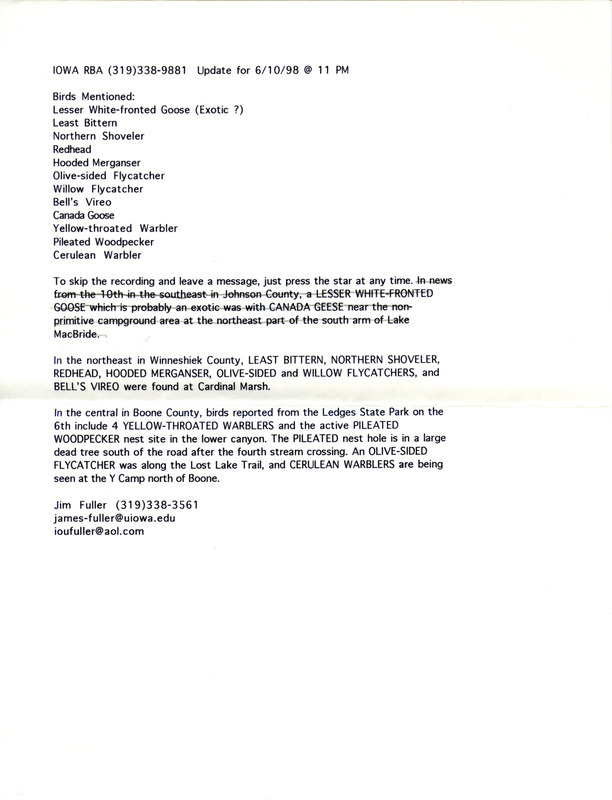 Notes for the Iowa RBA for June 8, 1998. Highlights include Black-headed Gull, Eurasian Collared Dove and some late migratory birds. Includes notes for updates for June 10 and June 11.