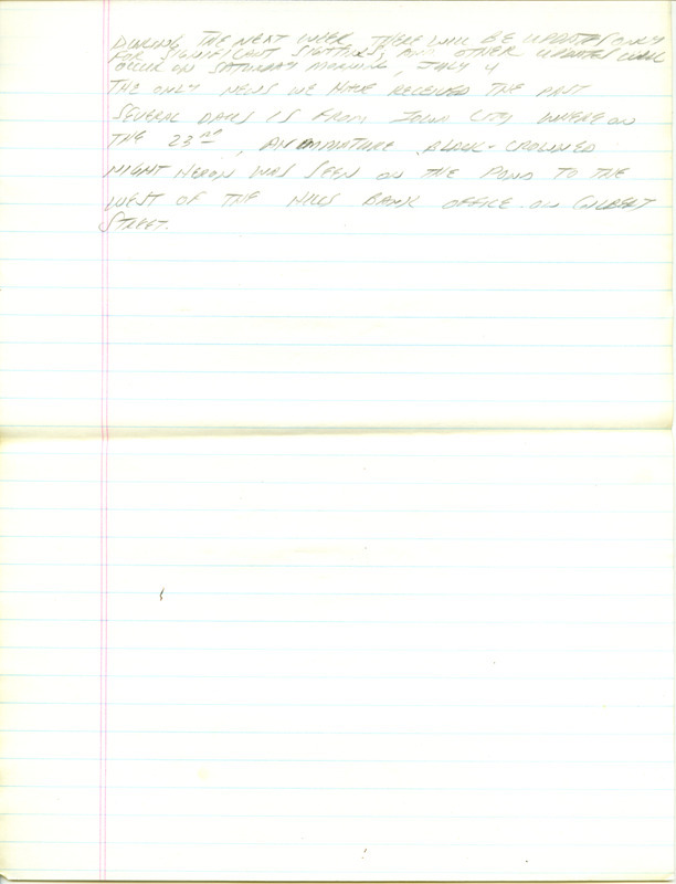 Notes for the Iowa RBA for June 22, 1998. Highlights include Western Kingbird, Upland Sandpiper, and Eurasian Tree Sparrow. Includes notes for updates for June 23 and hand written notes in preparation for next week's update.