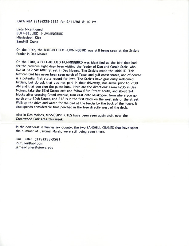 Iowa RBA for September 7, 1998. Highlights include Burrowing Owl, White-winged Scoter, and Red-necked Phalarope. Includes notes for updates for September 8, September 9, and September 11.