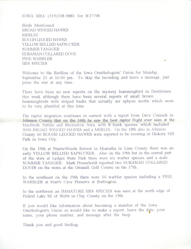 Iowa RBA for September 21, 1998. Highlights include reports on the raptor migration and an early Yellow-bellied Sapsucker.