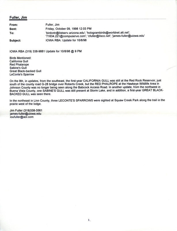 Email for the Iowa RBA for October 5, 1998. Highlights include Sabine's Gull, Prairie Falcon, Yellow Rail, Little Blue Heron, and Snowy Egret. Includes notes for updates for October 6, October 7, and October 9.