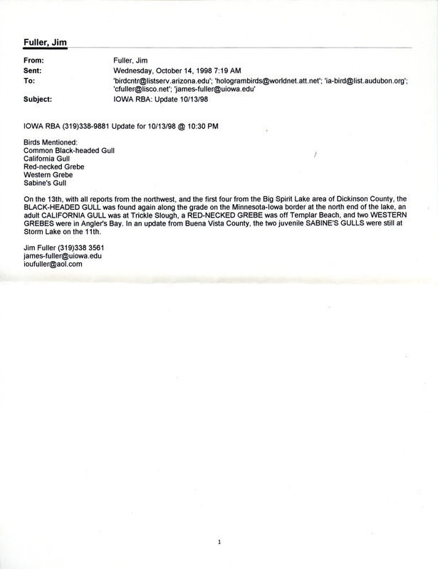 Email for the Iowa RBA for October 12, 1998. Highlights include Black-headed Gull, Great Black-backed Gull, California Gull, and Eurasian Collared Dove. Includes notes for updates for October 14.