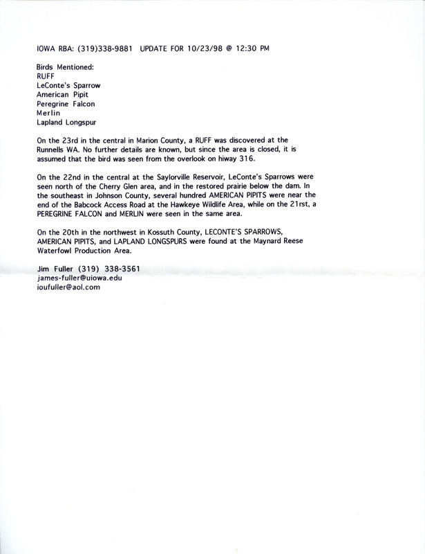 Email for the Iowa RBA for October 19, 1998. Highlights include Black-headed Gull, Red-shouldered Hawk and California Gull. Includes notes for updates for October 23.