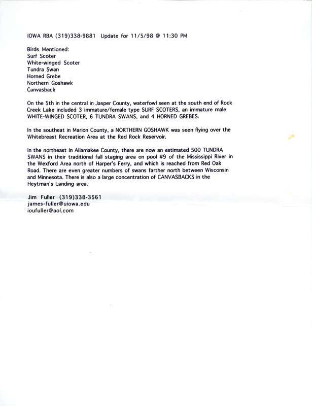 Iowa RBA for November 2, 1998. Highlights include White-winged Scoter, Black Scoter, Eurasian Collared Dove, and California Gull. Includes notes for updates for November 4, and November 5.