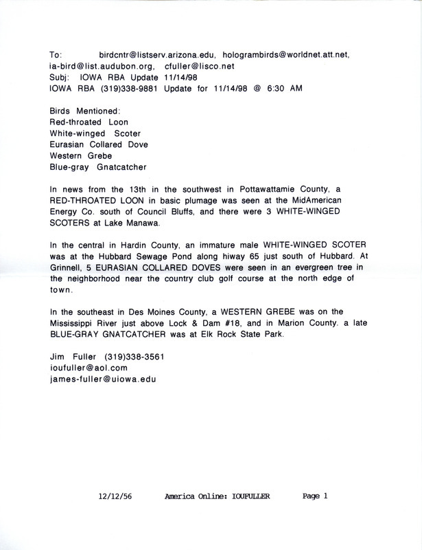 Iowa RBA for November 9, 1998. Highlights include Lesser Black-backed Gull, Black-headed Gull, Surf Scoter, and White-winged Scoter. Includes notes for updates for November 10, November 11, November 12, and November 14.