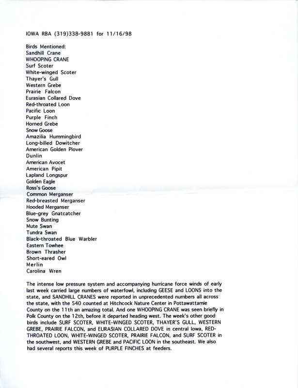 Iowa RBA for November 16, 1998. Highlights include Whooping Crane, Surf Scoter, White-winged Scoter, and Thayer's Gull. Includes notes for updates for November 19 and November 21.