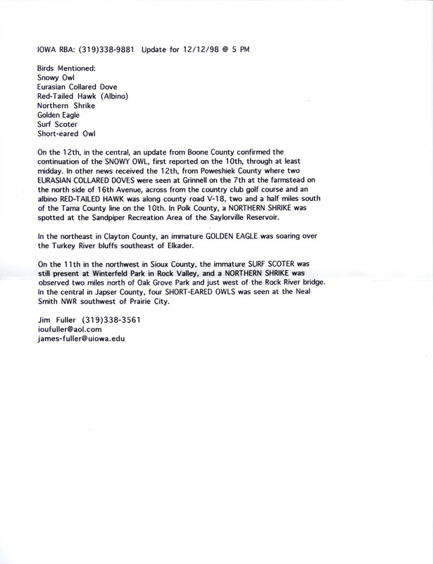 Iowa RBA for December 7, 1998. Highlights include Bohemian Waxwing, Surf Scoter, Black-legged Kittiwake, and Thayer's Gull. Includes notes for updates for December 10, and December 12.