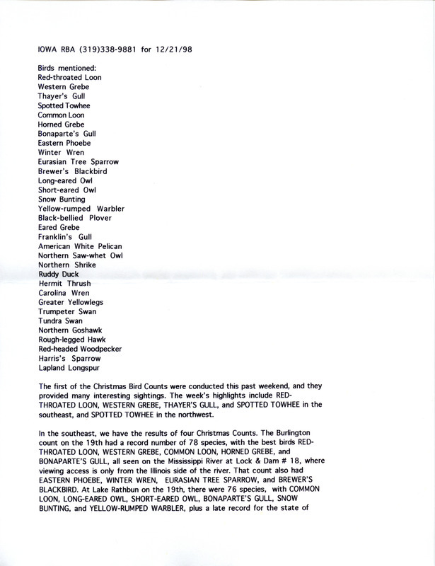 Iowa RBA for December 21, 1998. Highlights include Red-throated Loon, Western Grebe, Thayer's Gull, and Spotted Towhee. Includes notes for updates for December 23, December 25, and December 26.