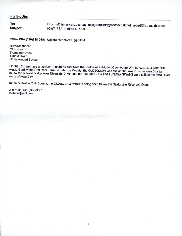 Email for the Iowa RBA for January 11, 1999. Highlights include Spotted Towhee, White-winged Scoter, Long-tailed Duck, and Prairie Falcon. Includes notes for updates for January 12, January 13, and January 15.