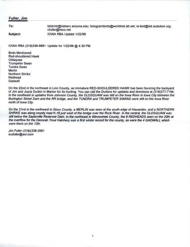 Email for the Iowa RBA for January 18, 1999. Highlights include White-winged Scoter, Long-tailed Duck, and Thayer's Gull. Includes notes for updates for January 19, January 20, and January 22.