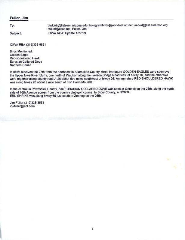 Email for the Iowa RBA for January 25, 1999. Highlights include Long-tailed Duck, Snowy Owl, and Spotted Towhee. Includes notes for updates for January 27.