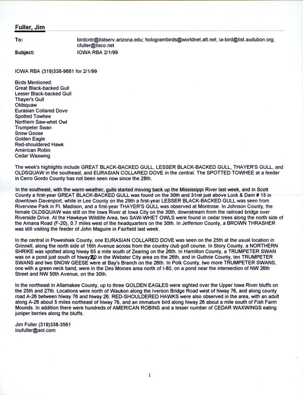 Email for the Iowa RBA for February 1, 1999. Highlights include Great Black-backed Gull, Lesser Black-backed Gull, Thayer's Gull, and Long-tailed Duck. Includes notes for updates for February 2, February 4, February 5, and February 6.