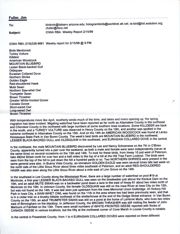 Email for the Iowa RBA for February 15, 1999. Highlights include Mountain Bluebird, Lesser Black-backed Gull, Long-tailed Duck, and Eurasian Collared Dove.