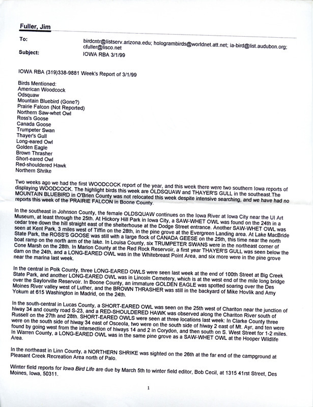 Email for the Iowa RBA for March 1, 1999. Highlights include Long-tailed Duck and Thayer's Gull.