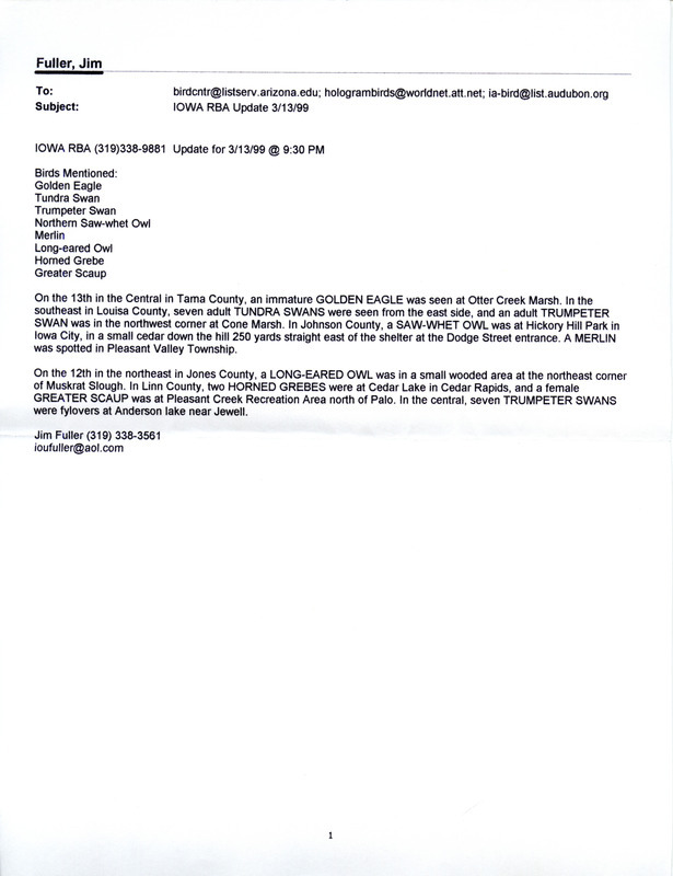 Email for the Iowa RBA for March 8, 1999. Highlights include Long-tailed Duck and Thayer's Gull. Includes notes for updates for March 10, March 11, and March 13.