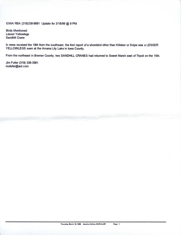 Email for the Iowa RBA for March 15, 1999. Highlights include Long-tailed Duck and Saw-whet Owl. Includes notes for updates for March 16, March 17, and March 18.