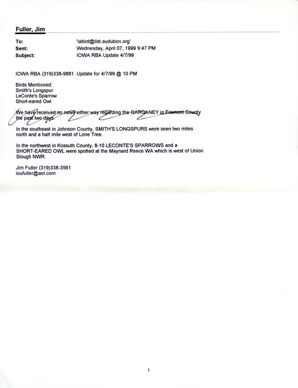 Email for the Iowa RBA for April 5, 1999. Highlights include Garganey, White-faced Ibis, Black-headed Gull, and Fish Crow. Includes notes for updates for April 7, April 8, April 9, and April 10.