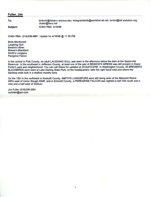 Email for the Iowa RBA for April 12, 1999. Highlights include Whooping Crane, Garganey, White-faced Ibis, and Red-necked Grebe. Includes notes for updates for April 14, and April 16.