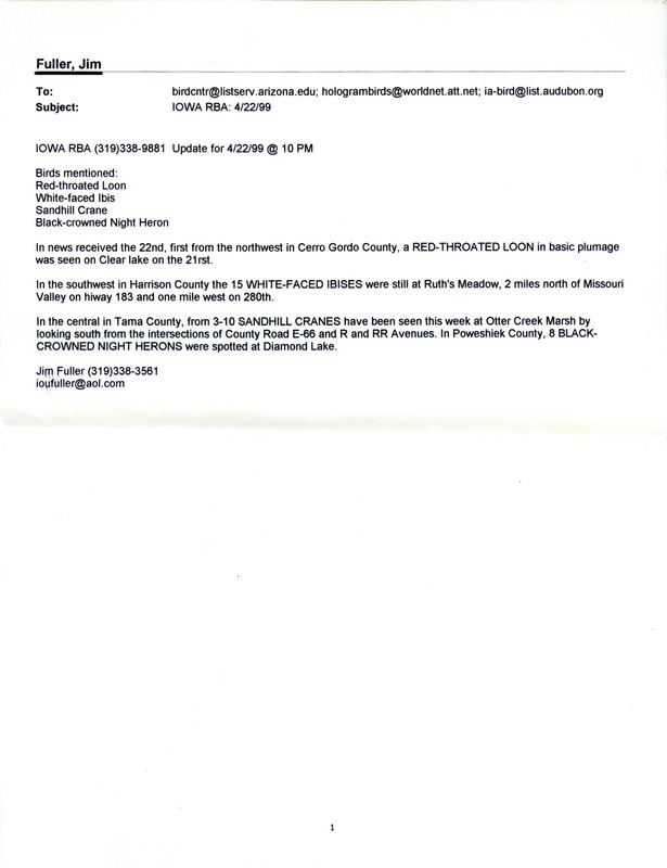 Email for the Iowa RBA for April 19, 1999. Highlights include California Gull, White-faced Ibis, Cinnamon Teal, and Laughing Gull. Includes notes for updates for April 21, and April 22.