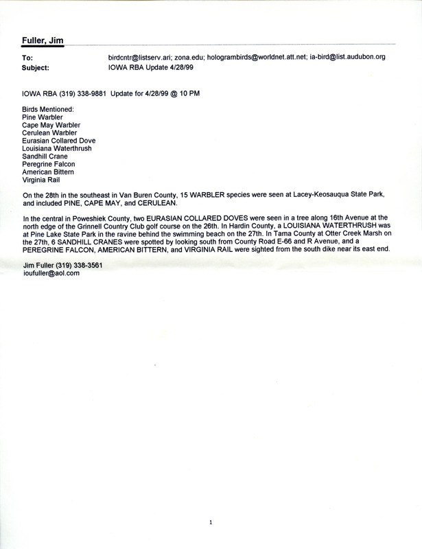 Email for the Iowa RBA for April 26, 1999. Highlights include Scissor-tailed Flycatcher, Prairie Warbler, White-faced Ibis, and Cinnamon Teal. Includes notes for updates for April 27, and April 28.