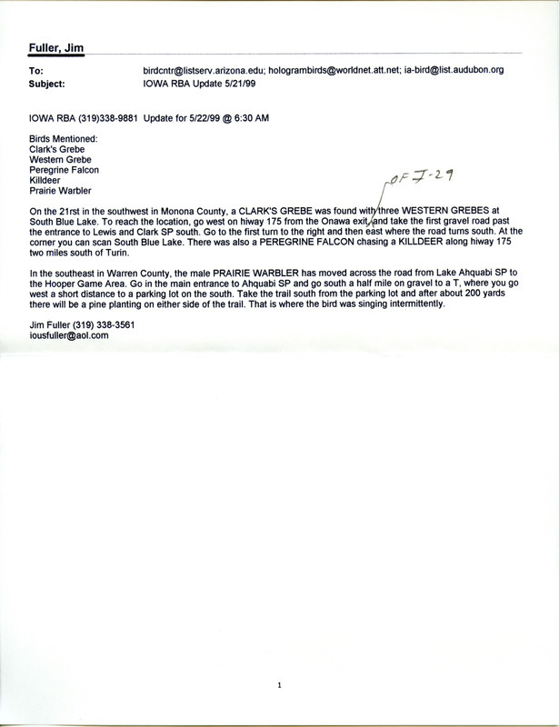 Email for the Iowa RBA for May 17, 1999. Highlights include Mississippi Kite, Connecticut Warbler, Pacific Loon, and Yellow Rail. Includes notes for updates for May 20, and May 21.