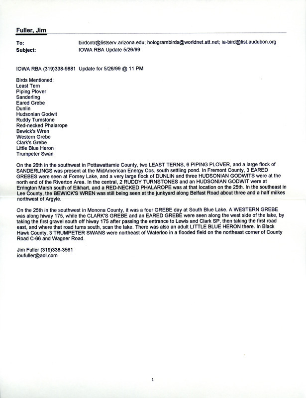 Email for the Iowa RBA for May 24, 1999. Highlights include Clark's Grebe, Western Grebe, Snowy Egret, and Mississippi Kite. Includes notes for updates for May 26.