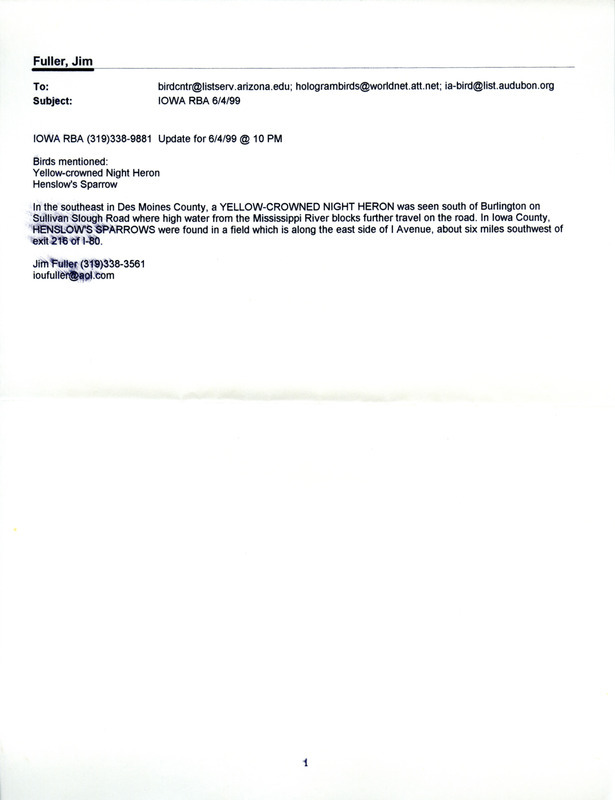 Email for the Iowa RBA for May 31, 1999. Highlights include Clark's Grebe, Western Grebe, Little Blue Heron, and Red-necked Phalarope. Includes notes for updates for June 3, and June 4.