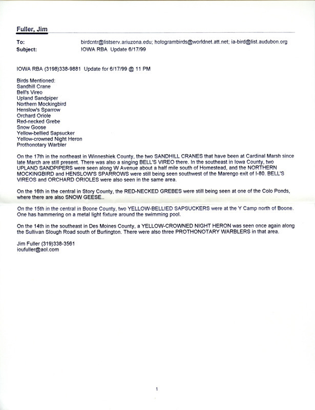 Email for the Iowa RBA for June 14, 1999. Highlights include Red-necked Grebe, Mississippi Kite, Eurasian Collared Dove, and Yellow-crowned Night Heron. Includes notes for updates for June 17, June 21, and June 25.