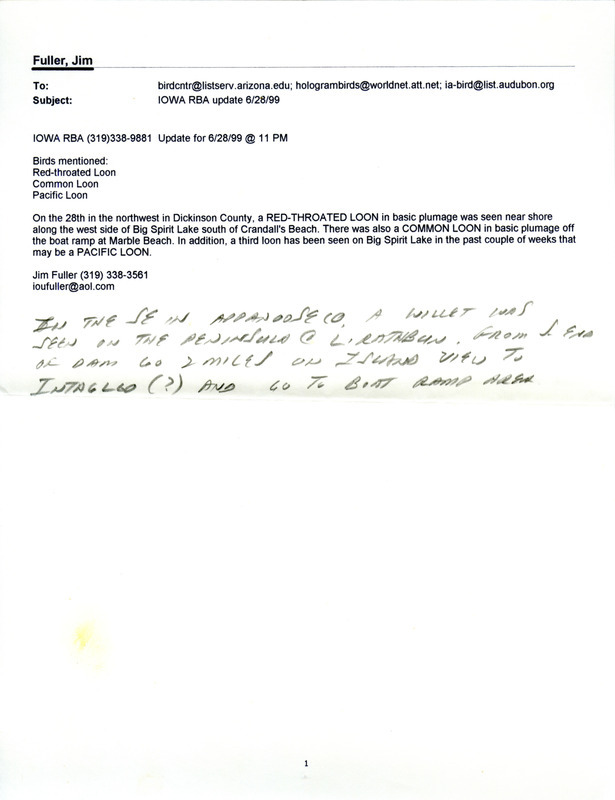 Email for the Iowa RBA for June 27, 1999. Highlights include Barn Owl, Yellow-crowned Night Heron, Willow Flycatcher, and Virginia Rail. Includes notes for updates for June 28, 1999.