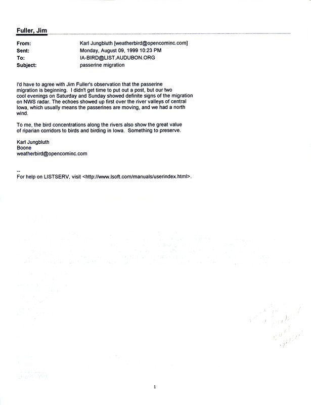 Iowa RBA updates for August 9-12, 1999. Highlights of the updates include sightings of five Little Blue Herons, a Snowy Egret, and a Greater Roadrunner. Included are four Iowa RBA updates and an email from Karl Jungbluth to the IA-BIRD mailing list about the beginning of the passerine migration.