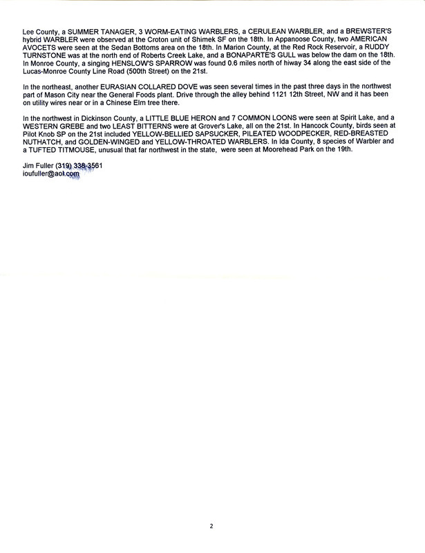 Two emails for Iowa RBA updates for August 23, 1999. Highlights of the updates include sightings of a juvenile and adult Arctic Tern, MacGillivray's Warbler, Sabine's Gull, Red-necked Phalarope, Eurasian Collared Dove, Little Blue Heron, and Yellow-bellied Flycatchers.