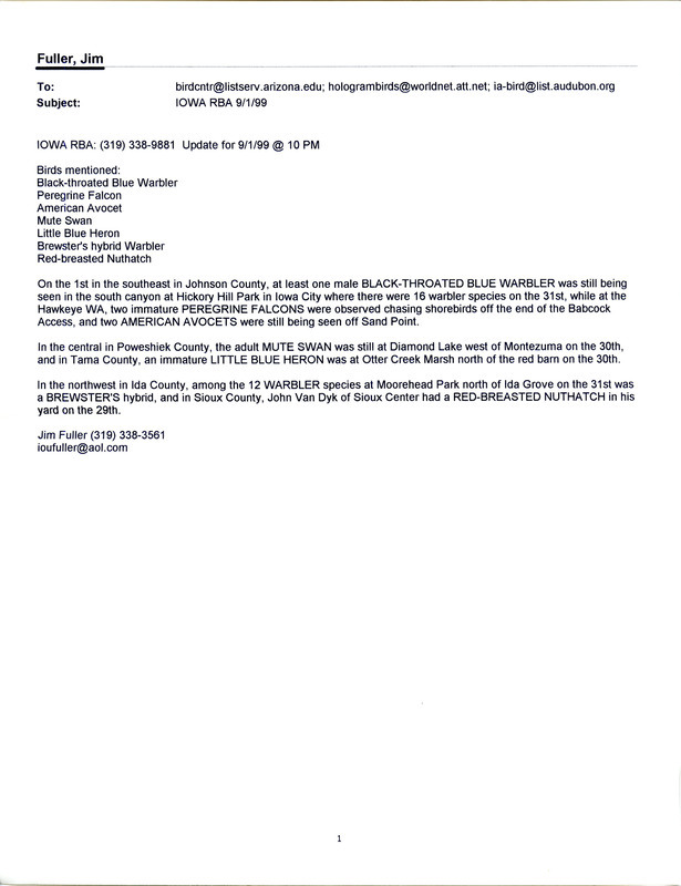 Five emails of Iowa RBA updates for August 31 to September 4, 1999. Highlights of the updates include sightings of a Mississippi Kite, Red-necked Phalarope and a Black-throated Blue Warbler.