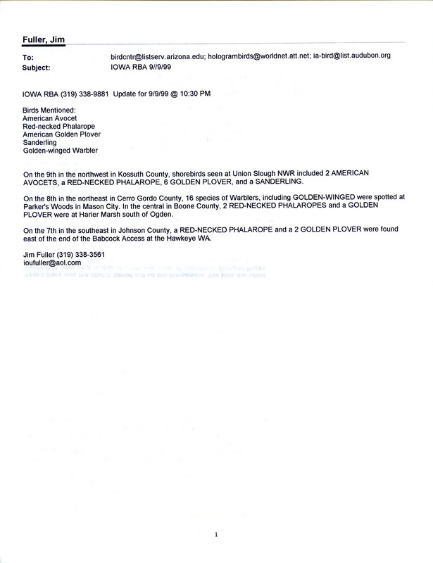 Two emails of Iowa RBA updates for September 6 and 9, 1999. Highlights of the updates include sightings of a Red Knot, Snowy Egret, Mississippi Kite, Red-necked Phalarope, Little Blue Heron, Marbled Godwit, and a Yellow-Crowned Night Heron.